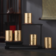 銅木茶筒茶道六君子筆筒功夫茶具配件6君子銅收納筒工具黃銅底座