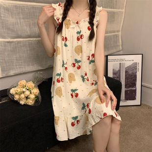 Sweet Spaghetti Strap Pajamas for Women, Summer Baby Cotton Nightdress, Plus Size Loose Long Dress, Wearable in 100kg