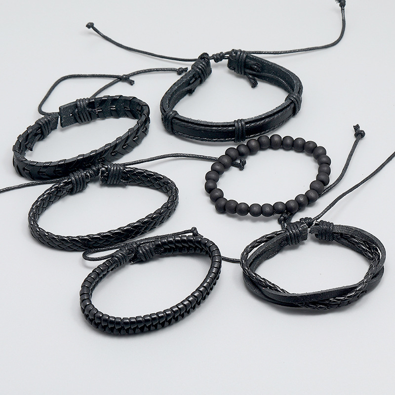 retro black woven menu0027s leather bracelet simple diy combination set bracelet