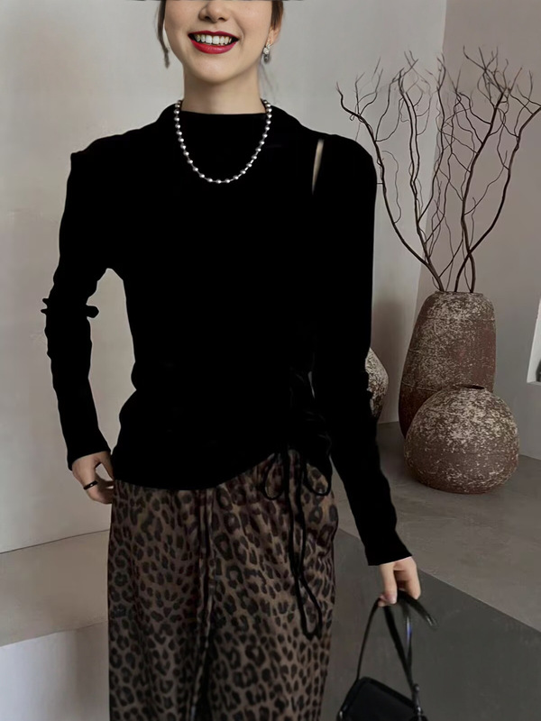 设计感小众抽绳收腰丝绒上衣女2025秋季新款露肩镂空打底衫T恤潮|undefined