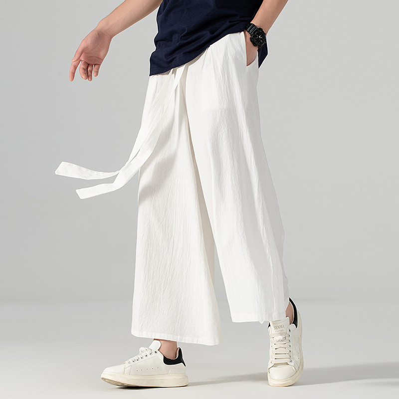 plus size Chinese Linen Casual Pants Wide Leg Pants Chinese Style Men's Cotton and Linen Tai Chi Bloomers Hanfu Pants