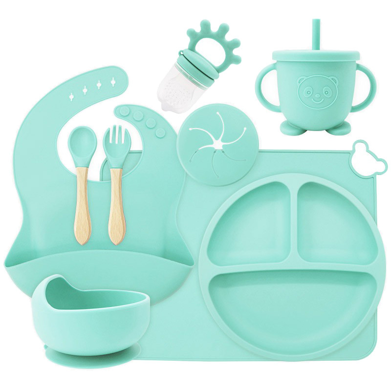Juego de vajilla de silicona de una pieza, juego de diez piezas, plato de alimentación complementaria para bebés de seis meses, tazón de alimentación independiente para bebés