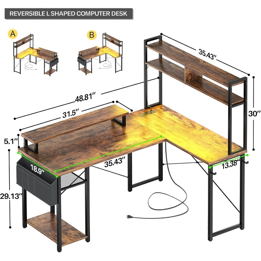 工业风可反转L型电脑桌 带多层置物架 尺寸多样办公桌椅组合