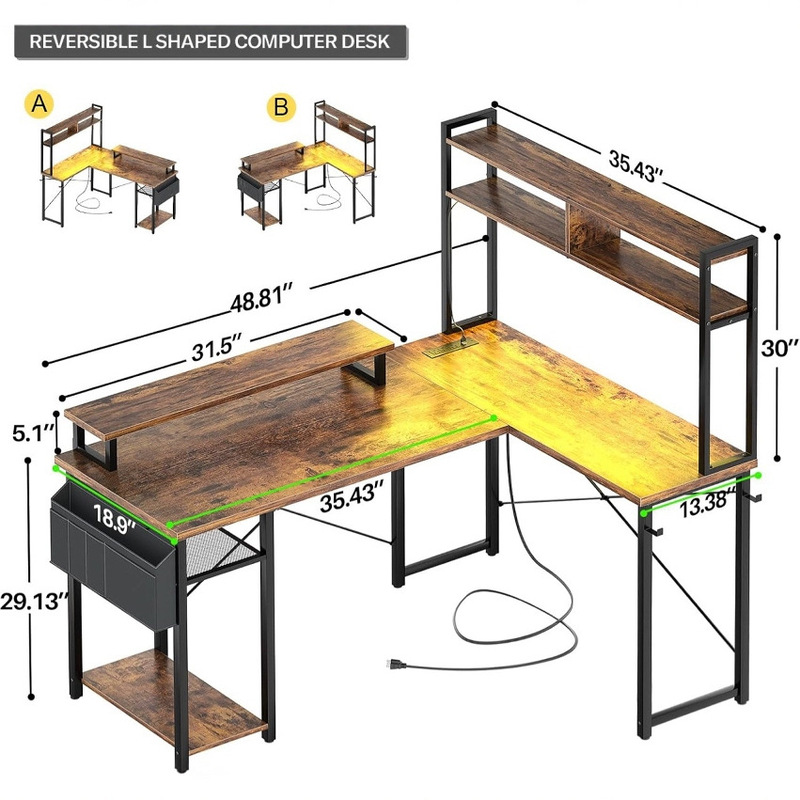 Industrial Style Reversible L-Shaped Computer Desk with Multi-Layer Storage Racks and Various Sizes of Office Desk and Chair Combinations
