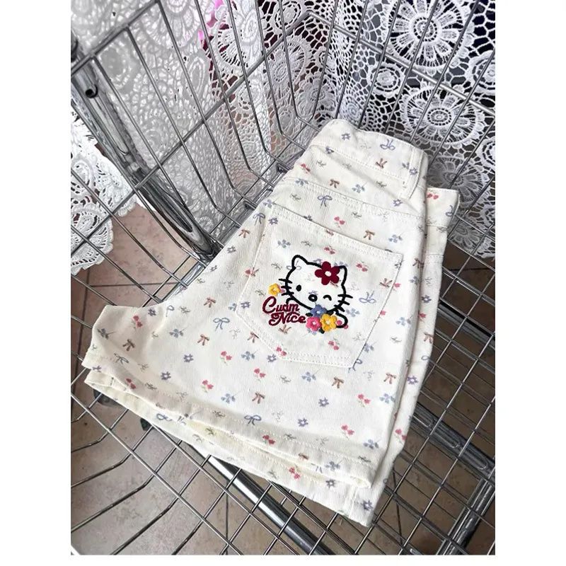 美式kitty蝴蝶结刺绣牛仔短裤女夏季新款复古宽松高腰阔腿热裤子