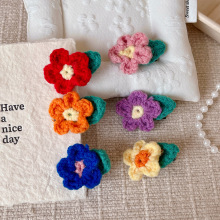清新小花发夹手工毛线钩针编织五瓣花绿叶成人女童可爱刘海发卡饰