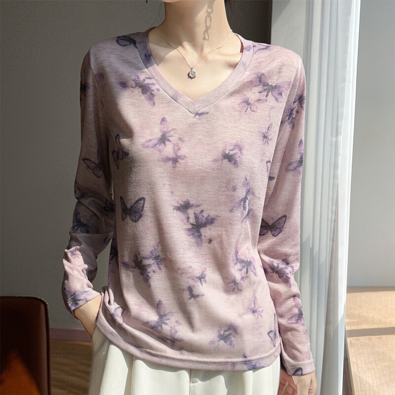 Lyocell Tencel Printed V-Neck Knit Top, New Spring/Summer Lightweight Pullover Long-Sleeve Base Shirt for Women