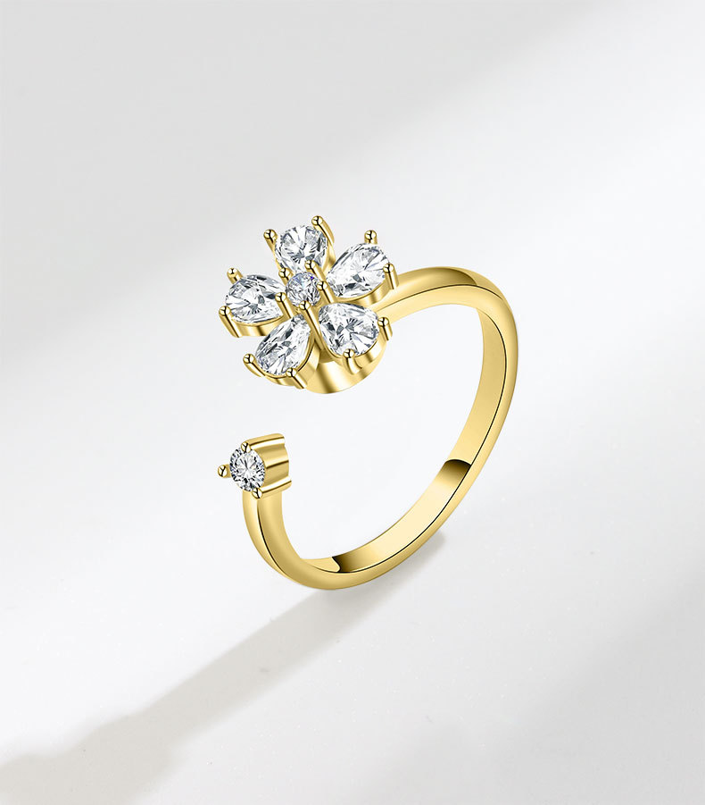 Simple Copper Zircon Flower Ring Female Retro Adjustable Index Finger Ring display picture 1