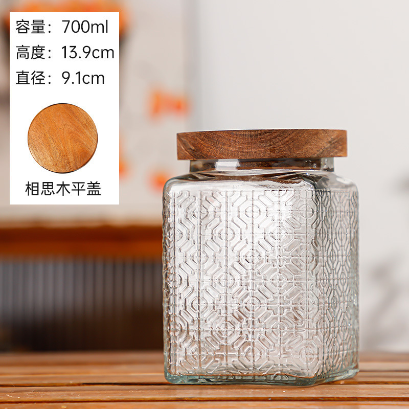 Hogar vintage Begonia flor realzada snack caramelo almacenamiento tarro bambú cubierta americana cocina transparente vidrio sellado frasco