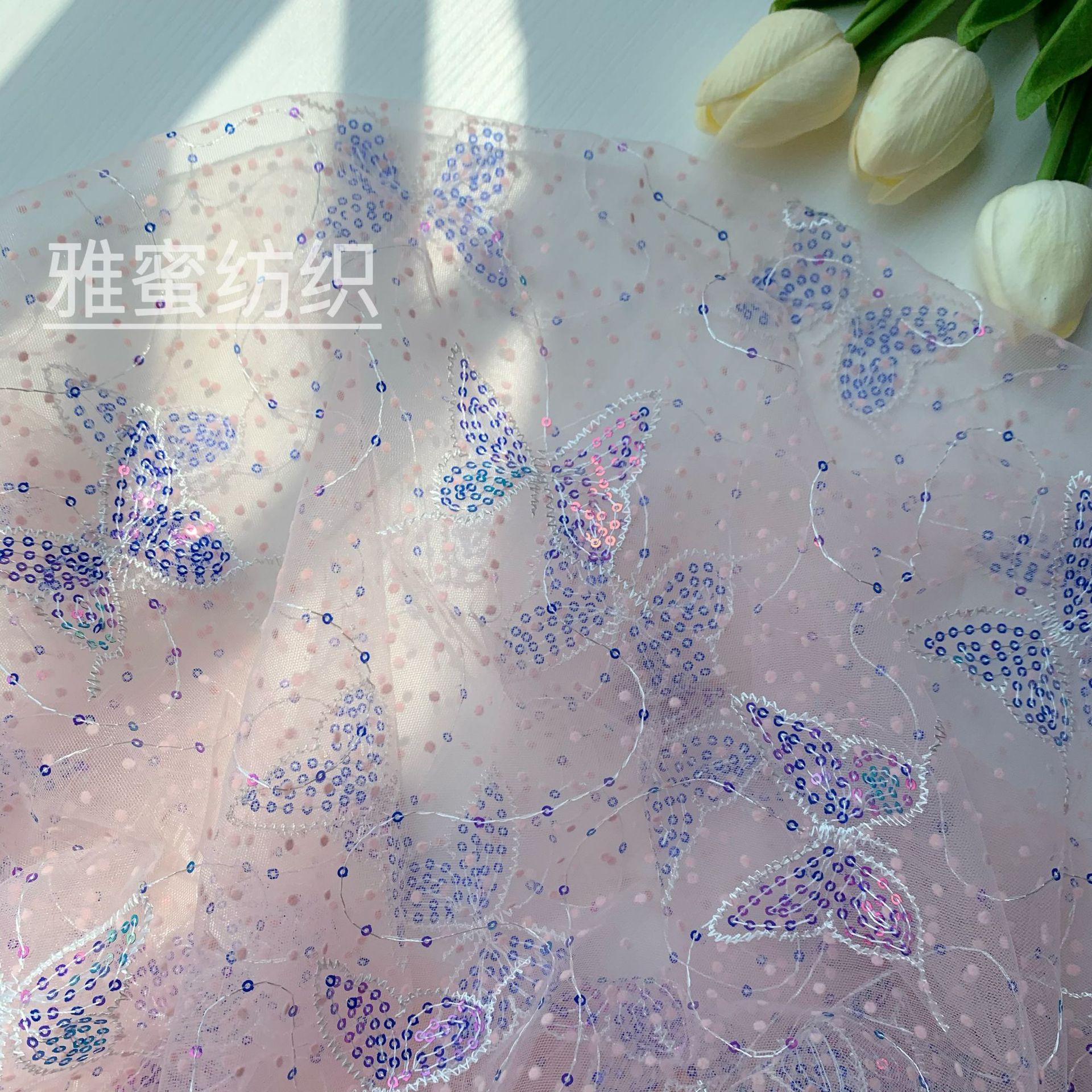 Punto brillante flocado mariposa bordado pieza mágica color lentejuelas Malla tela vestido de las mujeres etapa desgaste Lolita tela
