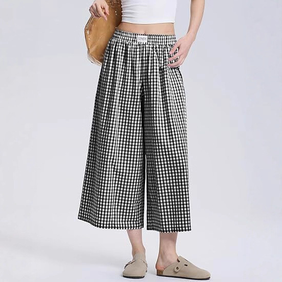 European and American Cross-Border Comfortable Women's Wide-Leg Cropped Pants Cotton Plaid Pants Summer Elastic Waistband with Pockets