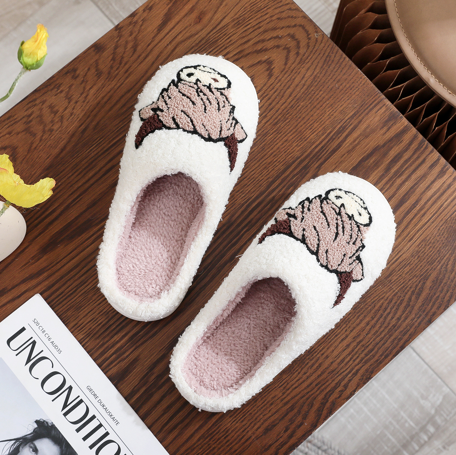 Regalo de vacaciones transfronterizo popular animal impreso zapatillas de algodón para hombres y mujeres Zapatillas de lana de invierno para el hogar Highland vaca Highland