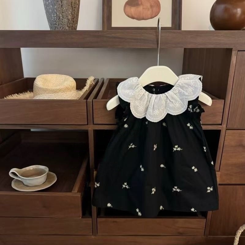 Limón salado siete ropa para niños 2025 verano nuevo estilo bordado cuello de hoja de loto vestido floral negro falda chaleco sin mangas para niñas