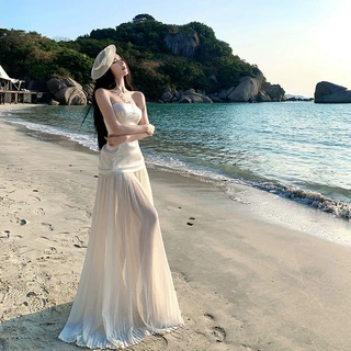 海边度假长裙感名媛礼服拖地网纱裙抹胸亮片连衣裙女米白色薄纱