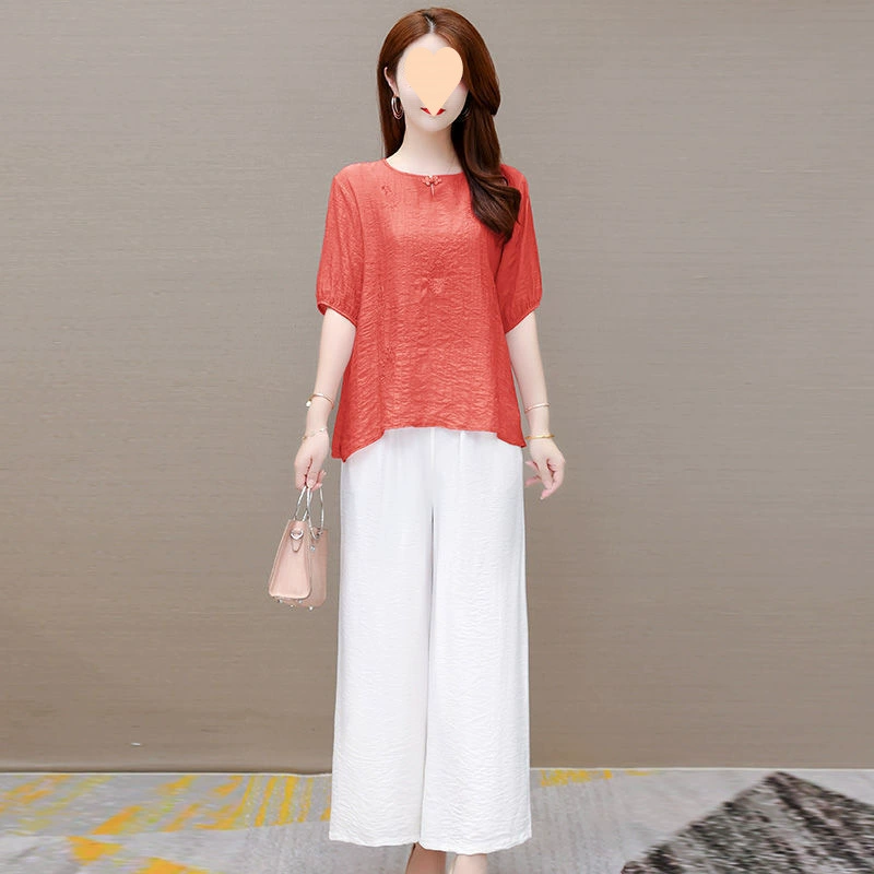 Летний костюм для женщин из ледяного шелка, 2 предмета, 2025 года, модный, повседневный, свободный крой, широкие брюки, антивозрастной эффект.