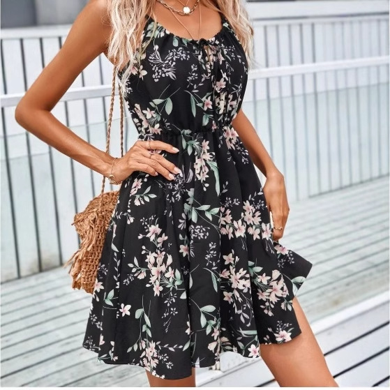 2025 summer new European and American cross-border Amazon elegant sleeveless pullover stitching elastic waist sling women's dress