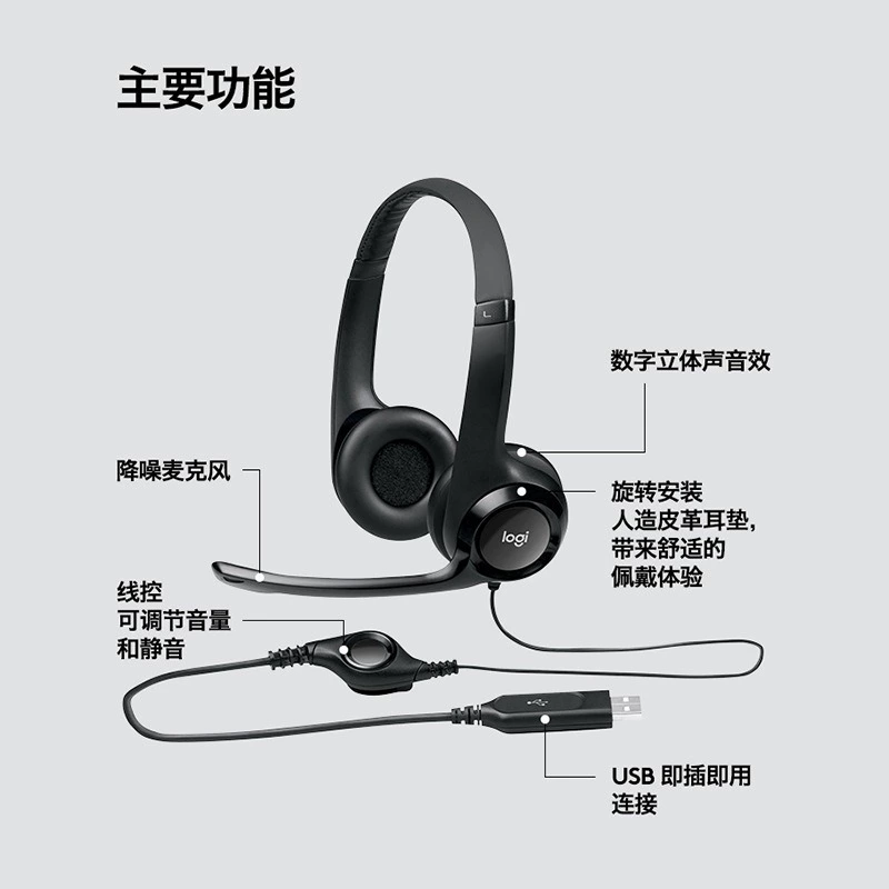 Кросс-бордерный наушник-микрофон Logitech H390, надетый на стол, шумоподавление, USB проводной гарнитура объемный звук