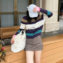SW撞色条纹针织开衫女25秋动新款宽松长袖羊毛混纺上衣软糯女外套
