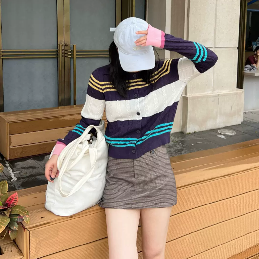 SW撞色条纹针织开衫女25秋动新款宽松长袖羊毛混纺上衣软糯女外套