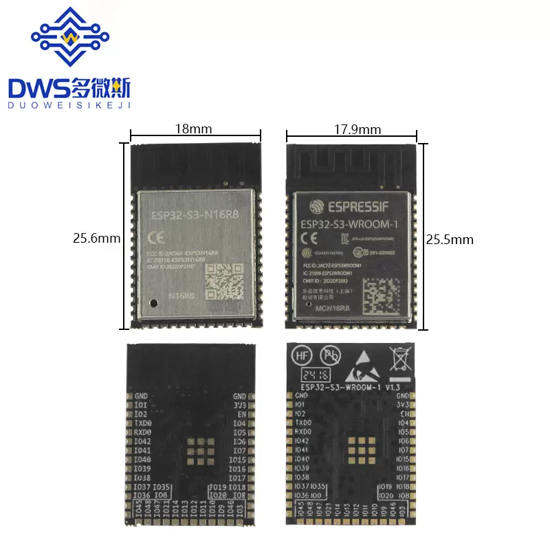 ESP32-S3-N16R8/N8R2 32位双核MCU模块Wi-Fi+蓝牙5.0模组