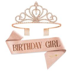 生日派對肩帶套裝birthday girl禮儀帶皇冠 玫瑰金金粉布肩帶批發