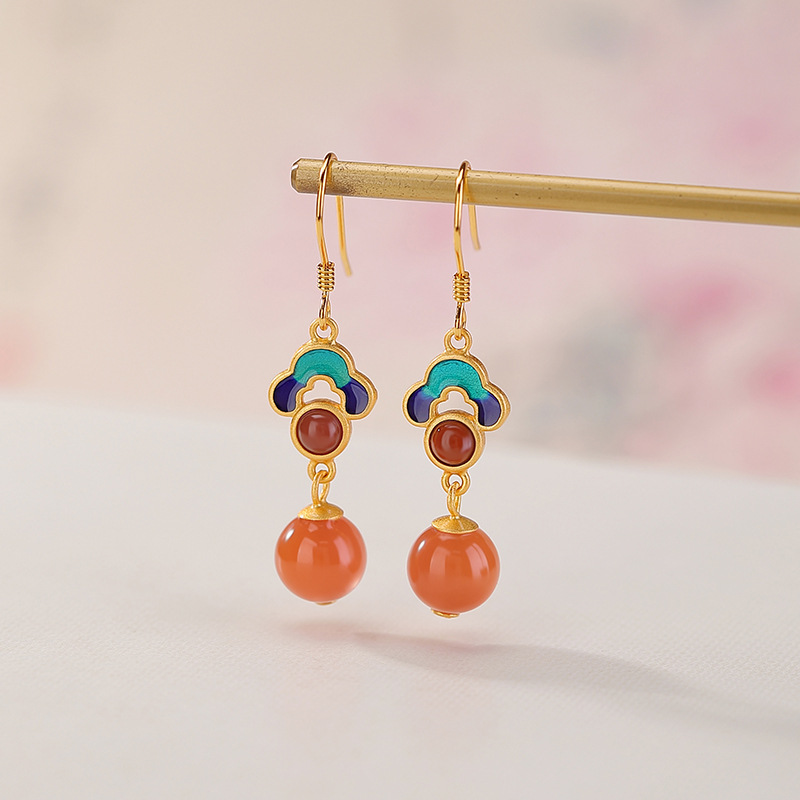 Khuyên tai dài nam bạc S925 mạ vàng nước đỏ mã não đỏ men cloisonné họa tiết Xiangyun — Một cặp