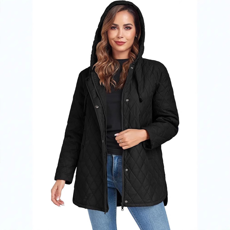 Cross-Border Women's Oversized Quilted Lightweight Long-Sleeve Casual Warm Loose Hooded Diamond-Patterned Cotton Jacket 5053