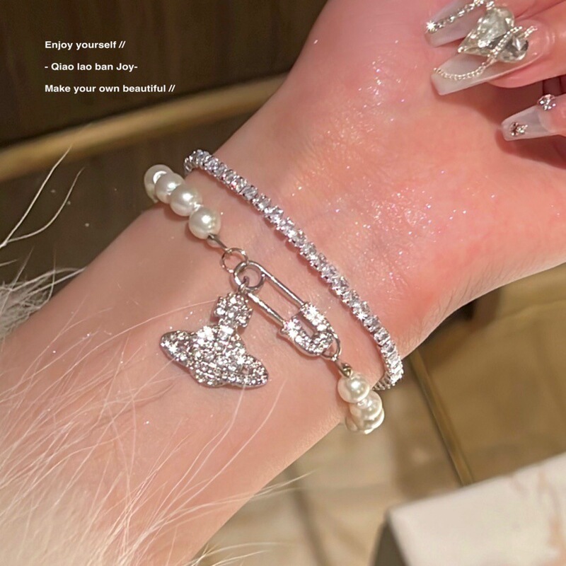 Pearl Saturn bracelet bracelet Queen Mother silver full diamond planet retro design light luxury pearl bracelet for women all-match Pearl Saturn bracelet bracelet Queen Mother silver full diamond planet retro design light luxury pearl bracelet for women all-match
