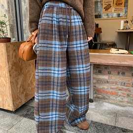 蓝色格子裤子女秋冬2024新款毛呢加厚休闲裤撞色直筒阔腿拖地裤潮