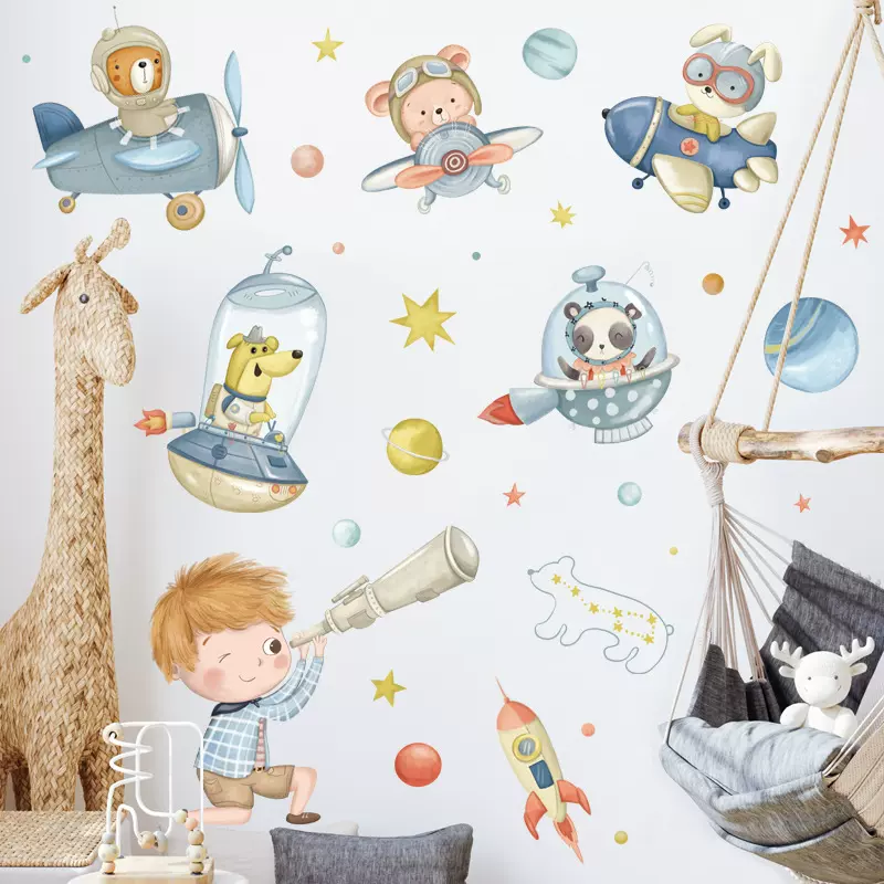 动物飞行器自粘贴画天空星星宇航员卡通幼儿园儿童房门贴防水墙贴