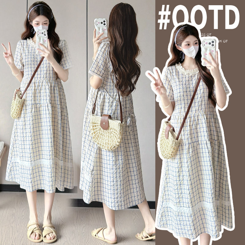 Maternity Dress, Summer Dress, High-End, Stylish, Age-Reducing, French-Style Plaid, Thin, Loose-Fitting Long Dress, Summer Lazy Dress