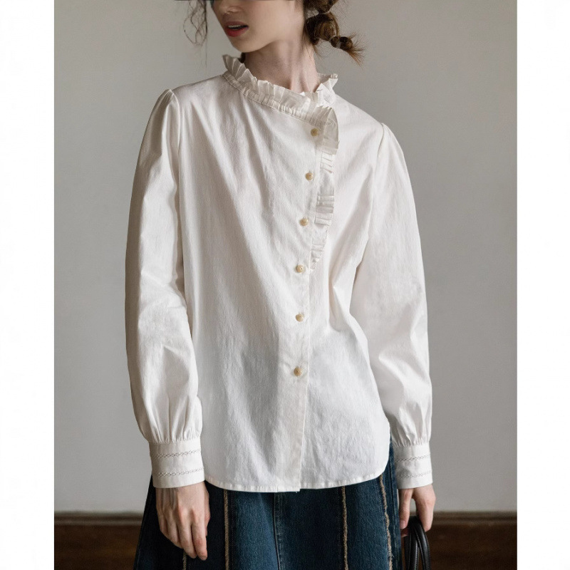 French Style Retro Court Style White Shirt Women's Spring and Autumn New Inner Base Jacket Ear-rimmed Collar Lace Shirt