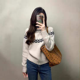 MJG韩系麻花套头毛衣秋冬新款软糯圆领提花撞色打底针织衫上衣女