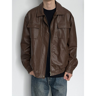 2025 New Spring Style Retro Motorcycle Leather Trendy Brand Loose Maillard Brown PU Leather Jacket Work Jacket for Men