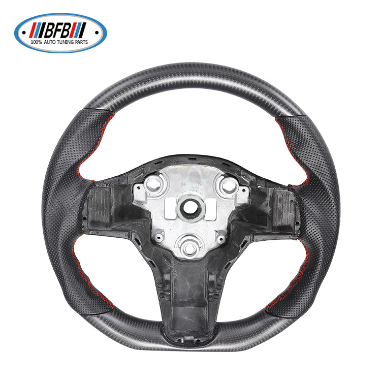 100% Real Carbon Fiber Matte Black Steering Wheel with Black Perforated Leather and Red Stitching - For Tesla Model Y - Steering Wheel Modification