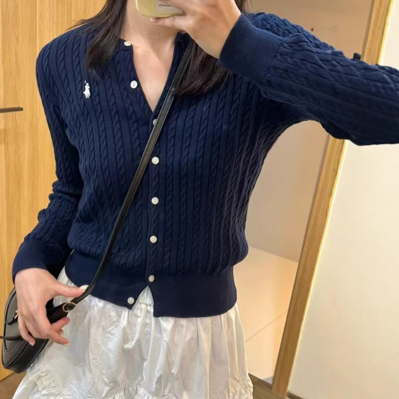 Scan Code Rl Raffy Pony Logo Round Neck Fine Twist Knitted Cardigan Versatile Classic Long-Sleeved Cable Sweater for Women