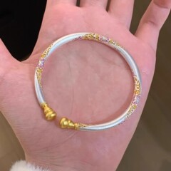 描金珐琅彩繁花葫芦手镯女实心开口轻奢素圈古法镀银手环镯子复古