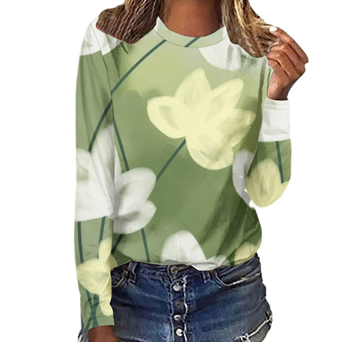 Cross-border Spring Hot Sale Women's T-shirts Amazon European and American Women's Fashion Fresh Print Casual Crew Neck Long Sleeve Top