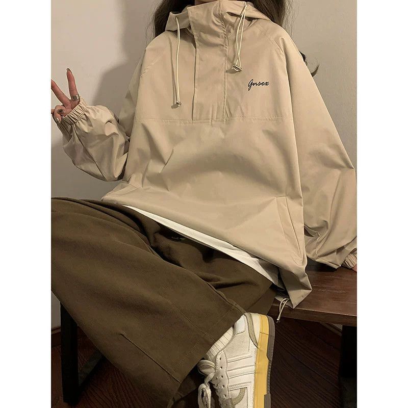 橘色工装外套女春秋设计感小众美式复古高街半拉链套头冲锋衣情侣|undefined