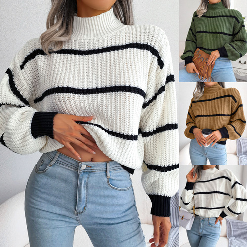 New European and American-style fashion sweater for women—versatile striped contrast-color half-turtleneck knitted top for outerwear.
