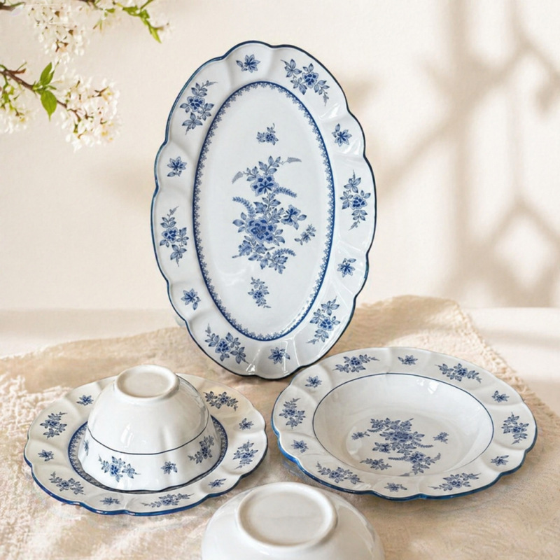 French-Style Vintage Floral Ceramic Dinnerware Set, High Aesthetic Value Dinner Plates, Vintage Plates, Ceramic Rice Bowls, Soup Bowls