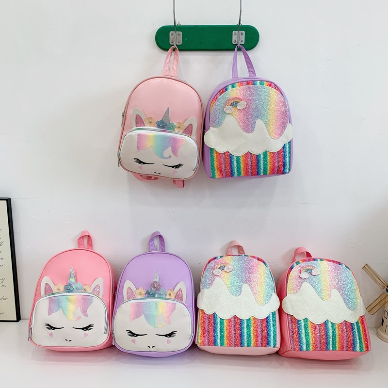 Mochila de dibujos animados divertidos para niños y niñas lindos color arcoíris jardín de infantes mochila de bebé nueva mochila PU para niños