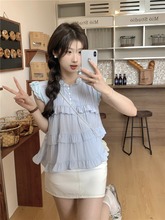 夏季新款韩系小飞袖蕾丝衬衣设计感小个子宽松短袖蓝色衬衫女上衣