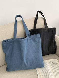 Solid color denim capacious retro linen bag, minimalistic one-shoulder bag