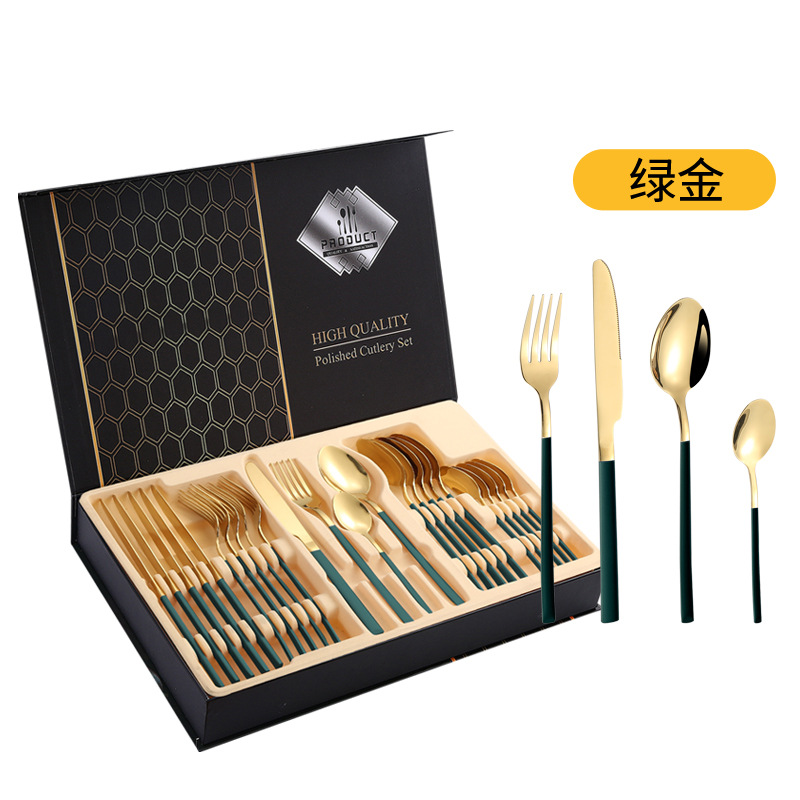 Amazon Venta caliente vajilla de acero inoxidable 24 piezas traje transfronterizo producto Caballero 4 piezas principales cuchillo de comida occidental, tenedor y cuchara traje