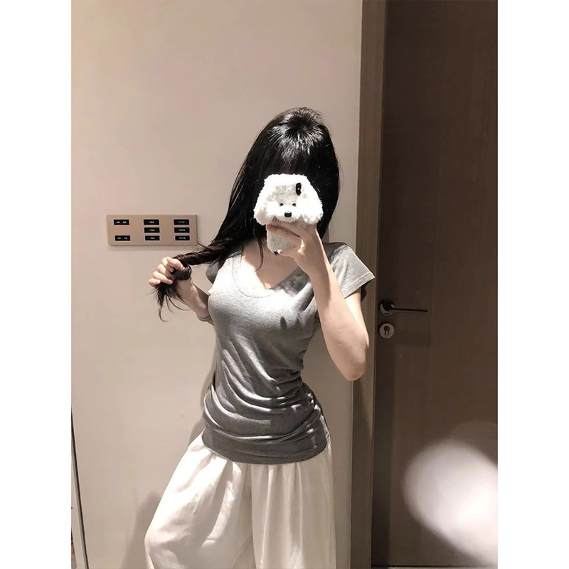 灰色V领垂感收腰正肩短袖T恤女夏季松弛感慵懒风基础修身显瘦上衣|undefined
