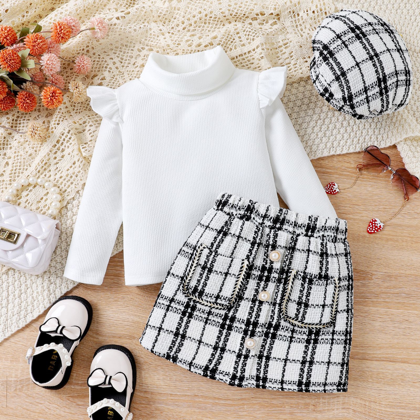 Autumn winter medium-sized children's with high collar cotton top, small fragrant checkered short skirt, and hat three_voghion.com