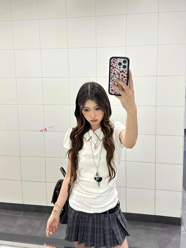 [Original Fabric] Embroidered Right Shoulder Polo Collar Short-Sleeved T-Shirt Women's Bottoming Shirt Top White American Sexy