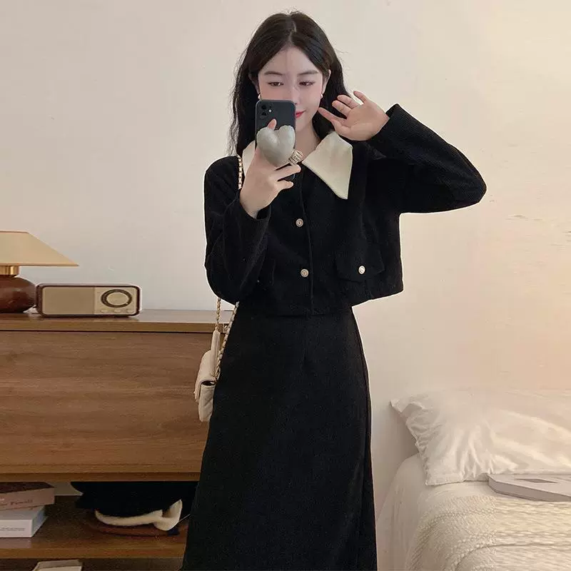Куртка и юбка из твида, набор для девочек-подростков, воротник в стиле Chanel, осень, двуярусный комплект