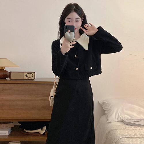 2025 Spring Autumn Fat MM Small Stature Corduroy Fashion Outerwear Little Black Dress Style Trendy Two-Piece Set for Women